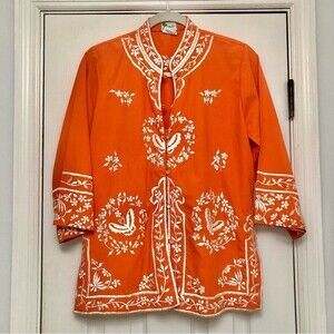 D’Palms Vintage Tunic Shirt Top Hawaiian Asian Embroidered Butterfly Orange S